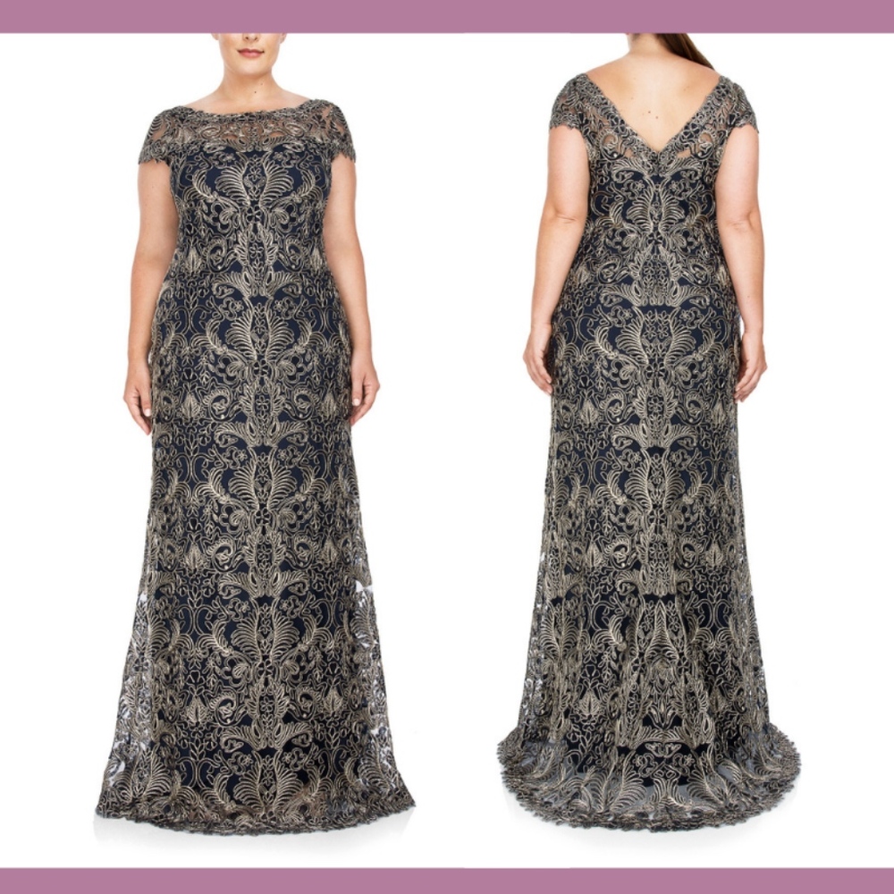 NEW‎ $548 Tadashi Shoji Adena Corded Embroidery Gown Navy/Nude [SZ 4 ]